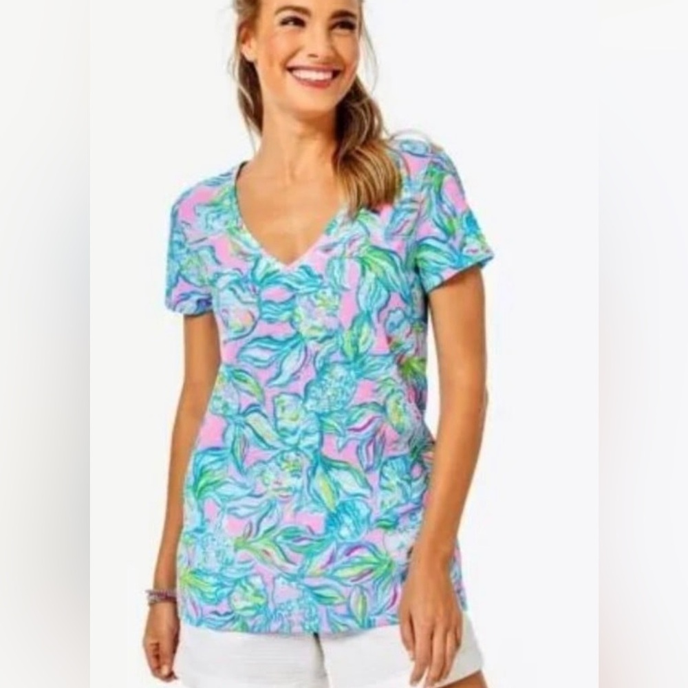Lilly Pulitzer Etta Top T Shirt V Neck Pelican Pink Cotton nwt size small